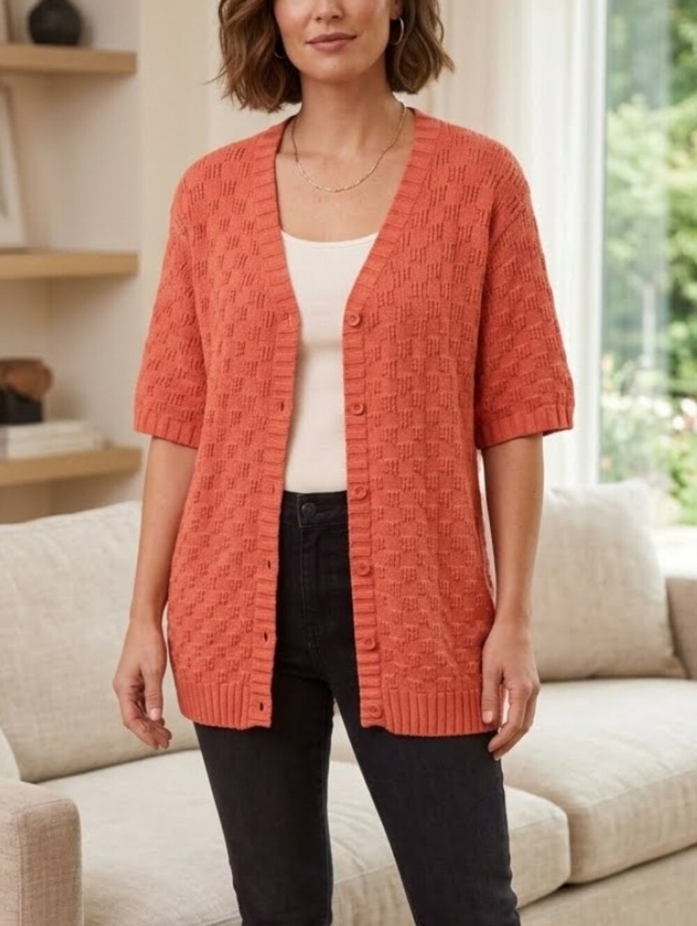 NWT Appleseed's Textured Button Front Short Sleeve Cardigan in Coral